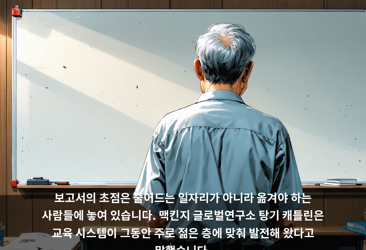 보고서의 초점은 줄어드는 일자리가 아니라 옮겨야 하는 사람들에 놓여 있습니다. 맥킨지 글로벌연구소 탕기 캐틀린은 교육 시스템이 그동안 주로 젊은 층에 맞춰 발전해 왔다고 말했습니다.
