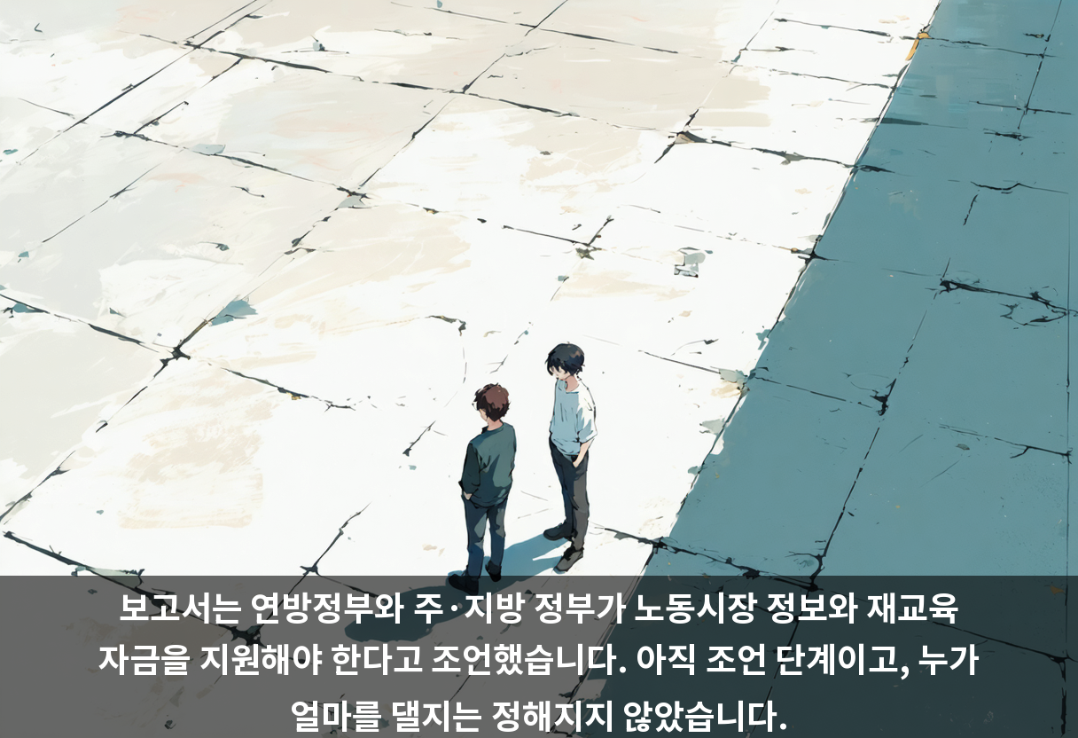 보고서는 연방정부와 주·지방 정부가 노동시장 정보와 재교육 자금을 지원해야 한다고 조언했습니다. 아직 조언 단계이고, 누가 얼마를 댈지는 정해지지 않았습니다.