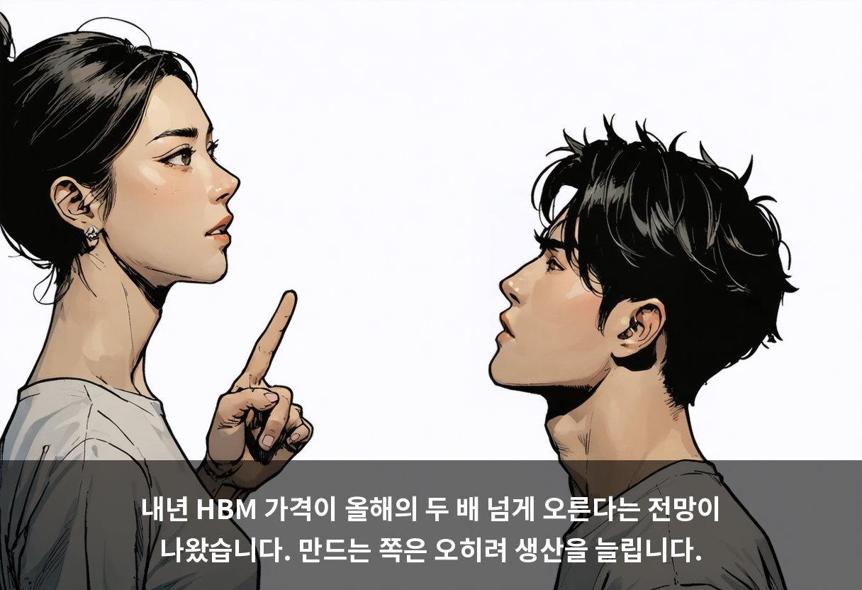 내년 HBM 가격이 올해의 두 배 넘게 오른다는 전망이 나왔습니다. 만드는 쪽은 오히려 생산을 늘립니다.