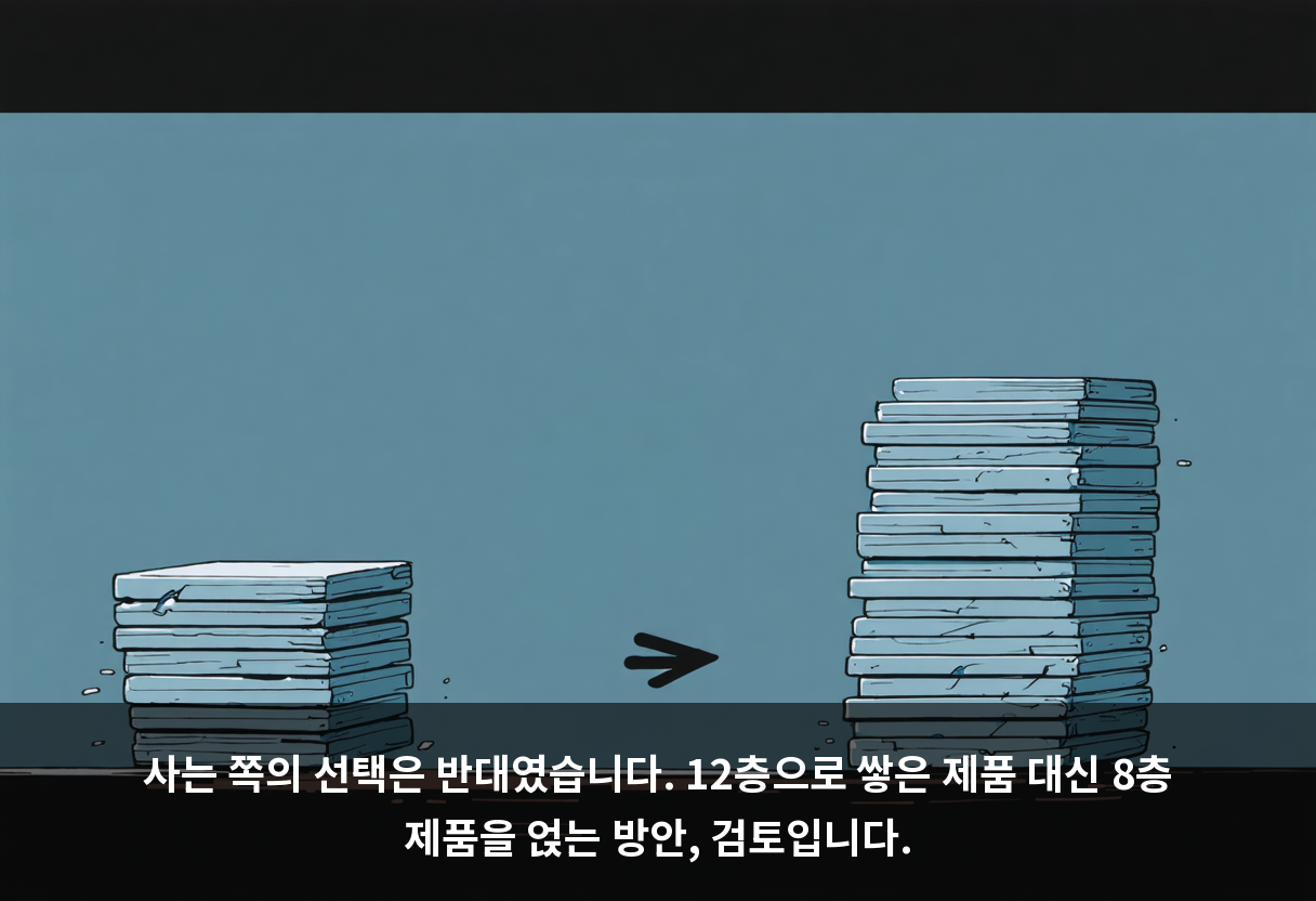 사는 쪽의 선택은 반대였습니다. 12층으로 쌓은 제품 대신 8층 제품을 얹는 방안, 검토입니다.