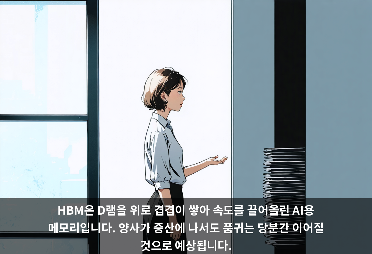 HBM은 D램을 위로 겹겹이 쌓아 속도를 끌어올린 AI용 메모리입니다. 양사가 증산에 나서도 품귀는 당분간 이어질 것으로 예상됩니다.
