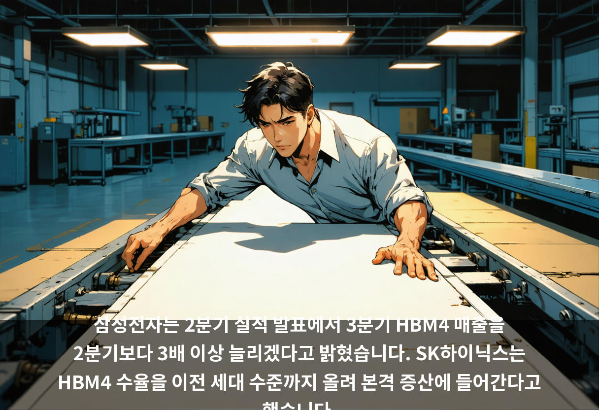 삼성전자는 2분기 실적 발표에서 3분기 HBM4 매출을 2분기보다 3배 이상 늘리겠다고 밝혔습니다. SK하이닉스는 HBM4 수율을 이전 세대 수준까지 올려 본격 증산에 들어간다고 했습니다.