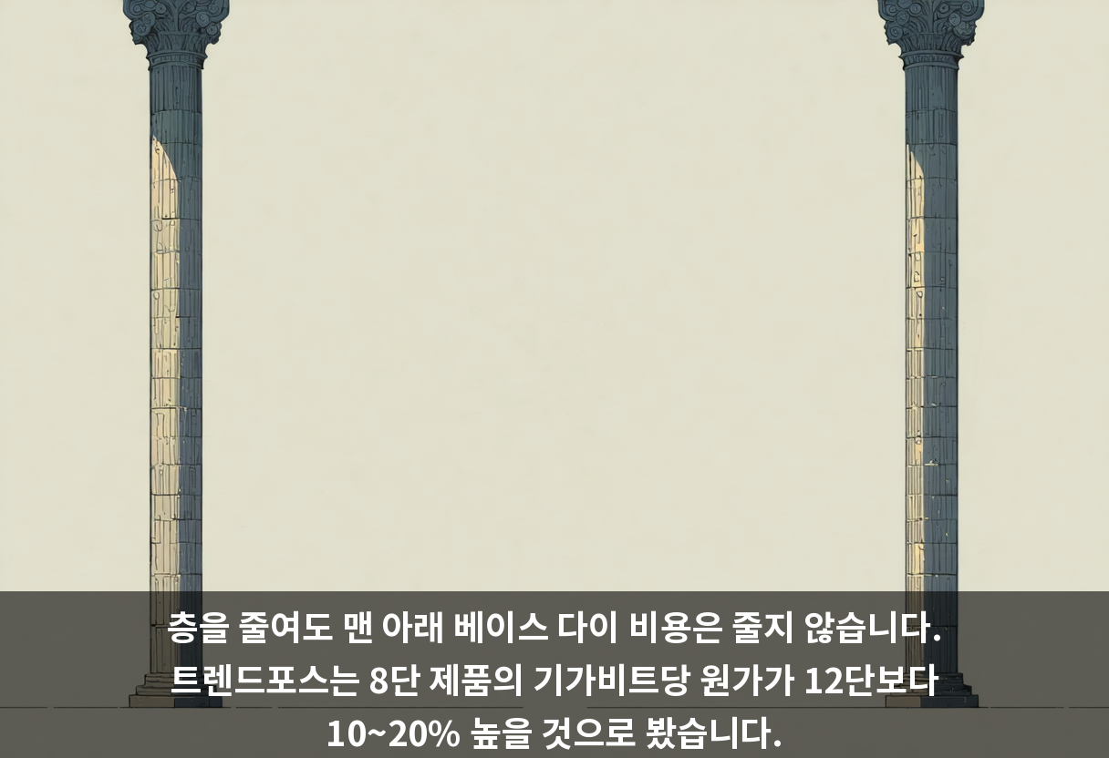 층을 줄여도 맨 아래 베이스 다이 비용은 줄지 않습니다. 트렌드포스는 8단 제품의 기가비트당 원가가 12단보다 10~20% 높을 것으로 봤습니다.