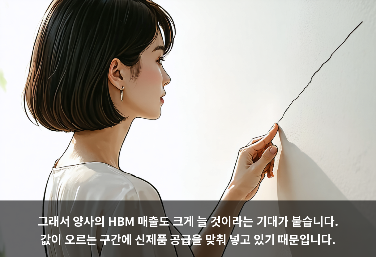 그래서 양사의 HBM 매출도 크게 늘 것이라는 기대가 붙습니다. 값이 오르는 구간에 신제품 공급을 맞춰 넣고 있기 때문입니다.
