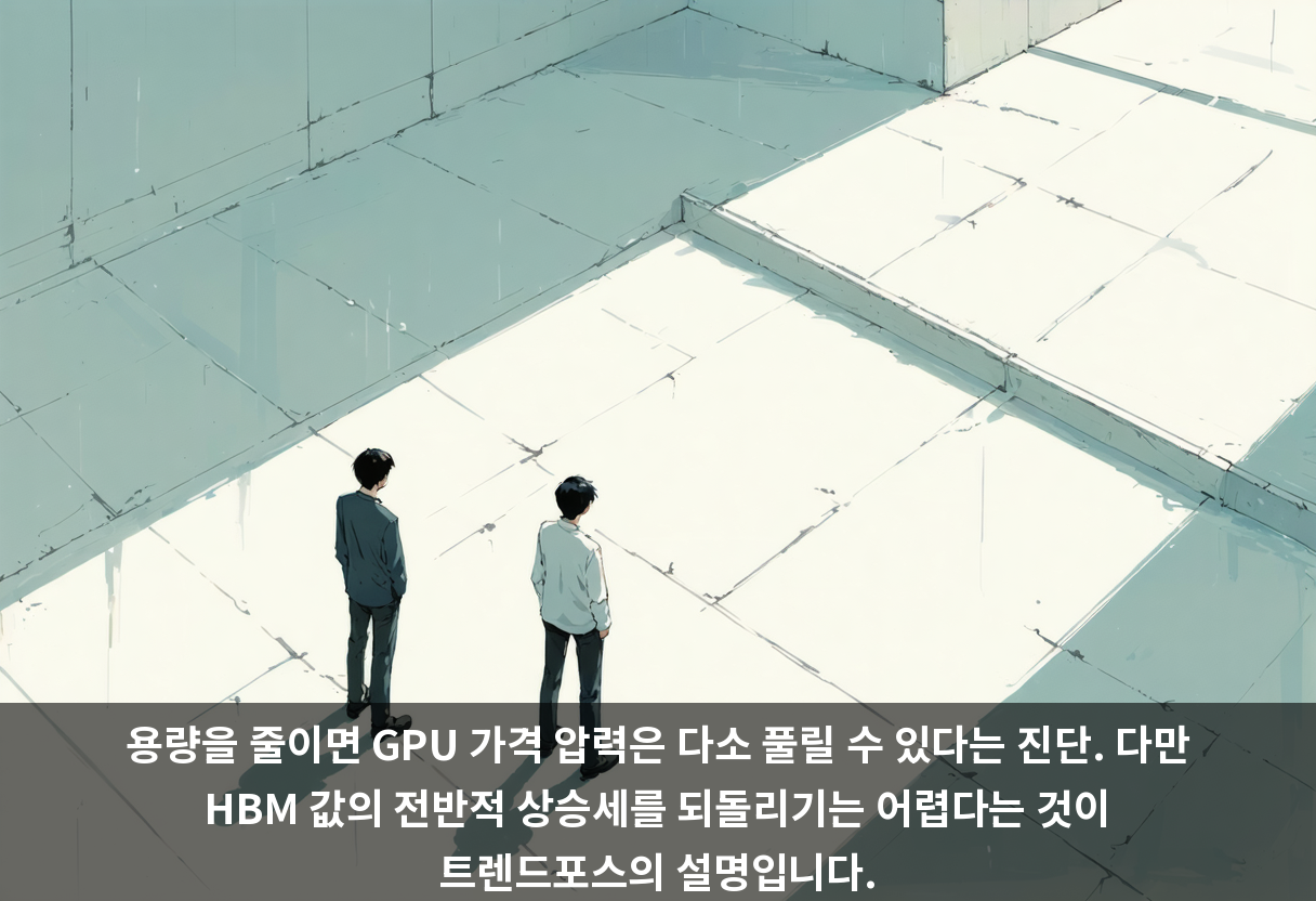 용량을 줄이면 GPU 가격 압력은 다소 풀릴 수 있다는 진단. 다만 HBM 값의 전반적 상승세를 되돌리기는 어렵다는 것이 트렌드포스의 설명입니다.