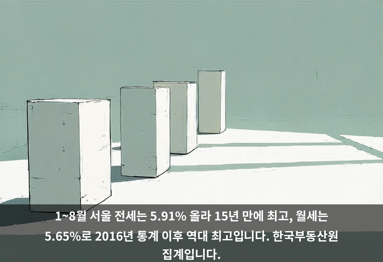 1~8월 서울 전세는 5.91% 올라 15년 만에 최고, 월세는 5.65%로 2016년 통계 이후 역대 최고입니다. 한국부동산원 집계입니다.