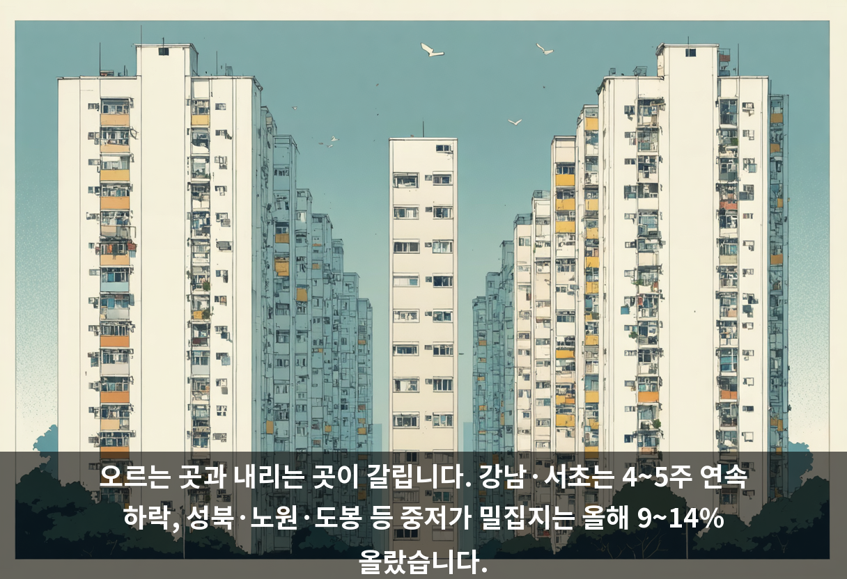 오르는 곳과 내리는 곳이 갈립니다. 강남·서초는 4~5주 연속 하락, 성북·노원·도봉 등 중저가 밀집지는 올해 9~14% 올랐습니다.