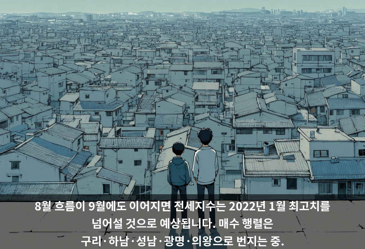 8월 흐름이 9월에도 이어지면 전세지수는 2022년 1월 최고치를 넘어설 것으로 예상됩니다. 매수 행렬은 구리·하남·성남·광명·의왕으로 번지는 중.