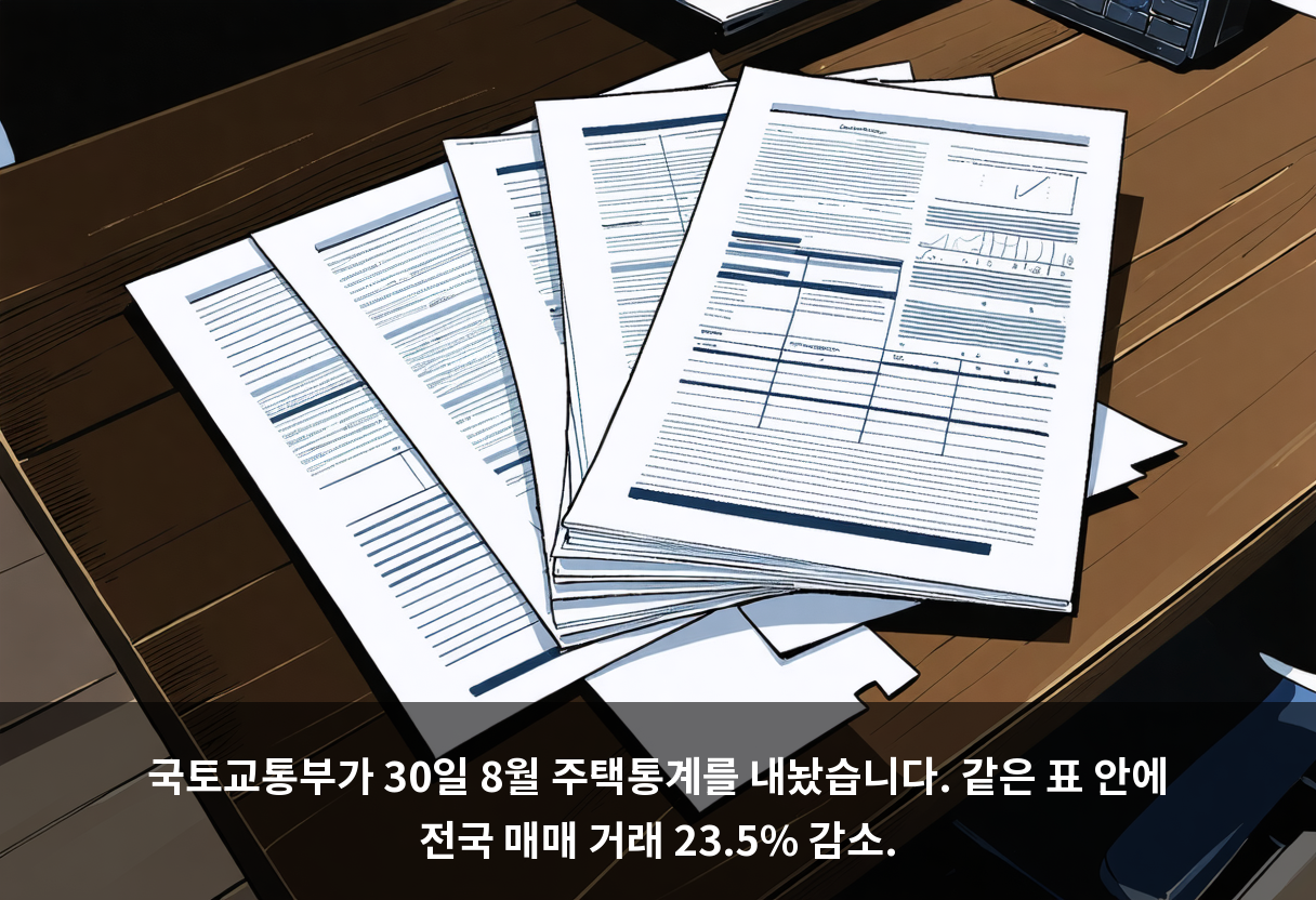 국토교통부가 30일 8월 주택통계를 내놨습니다. 같은 표 안에 전국 매매 거래 23.5% 감소.