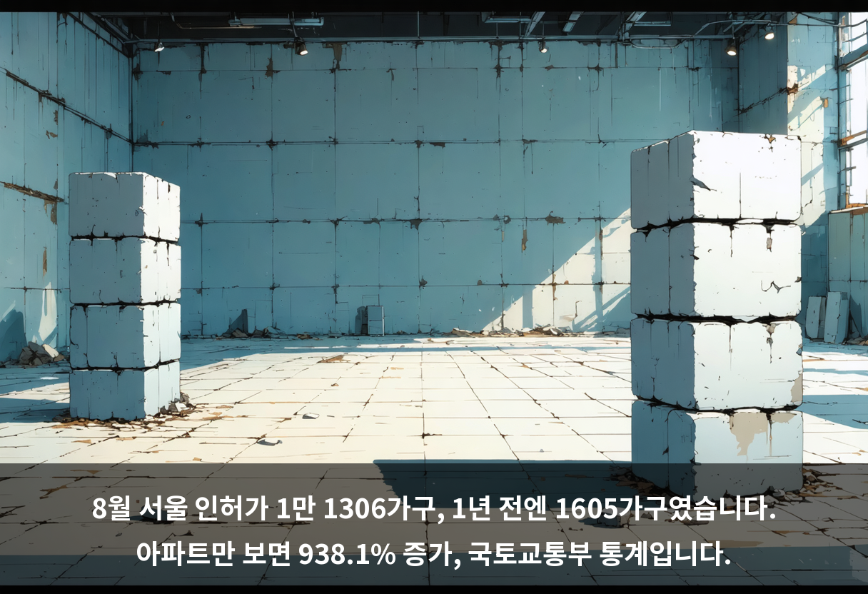 8월 서울 인허가 1만 1306가구, 1년 전엔 1605가구였습니다. 아파트만 보면 938.1% 증가, 국토교통부 통계입니다.