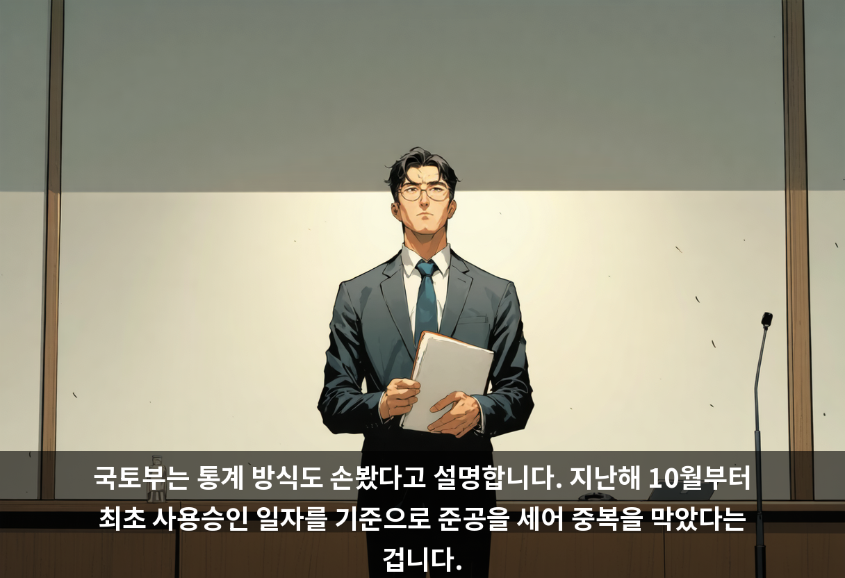 국토부는 통계 방식도 손봤다고 설명합니다. 지난해 10월부터 최초 사용승인 일자를 기준으로 준공을 세어 중복을 막았다는 겁니다.