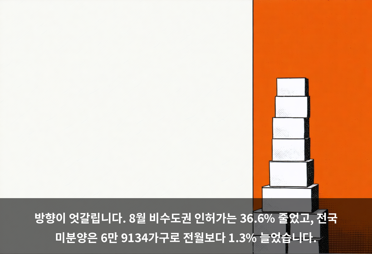 방향이 엇갈립니다. 8월 비수도권 인허가는 36.6% 줄었고, 전국 미분양은 6만 9134가구로 전월보다 1.3% 늘었습니다.