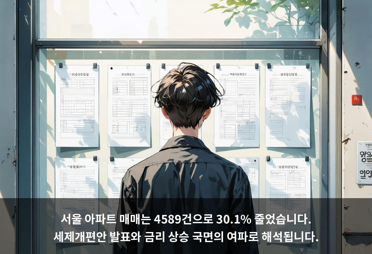 서울 아파트 매매는 4589건으로 30.1% 줄었습니다. 세제개편안 발표와 금리 상승 국면의 여파로 해석됩니다.