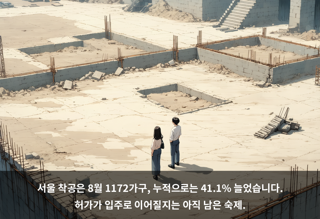 서울 착공은 8월 1172가구, 누적으로는 41.1% 늘었습니다. 허가가 입주로 이어질지는 아직 남은 숙제.