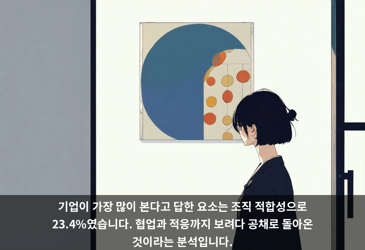 기업이 가장 많이 본다고 답한 요소는 조직 적합성으로 23.4%였습니다. 협업과 적응까지 보려다 공채로 돌아온 것이라는 분석입니다.