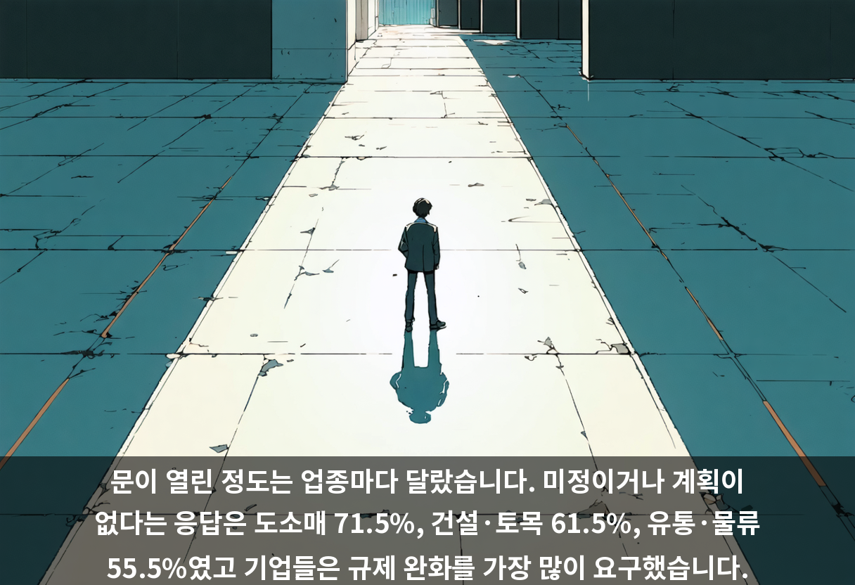 문이 열린 정도는 업종마다 달랐습니다. 미정이거나 계획이 없다는 응답은 도소매 71.5%, 건설·토목 61.5%, 유통·물류 55.5%였고 기업들은 규제 완화를 가장 많이 요구했습니다.