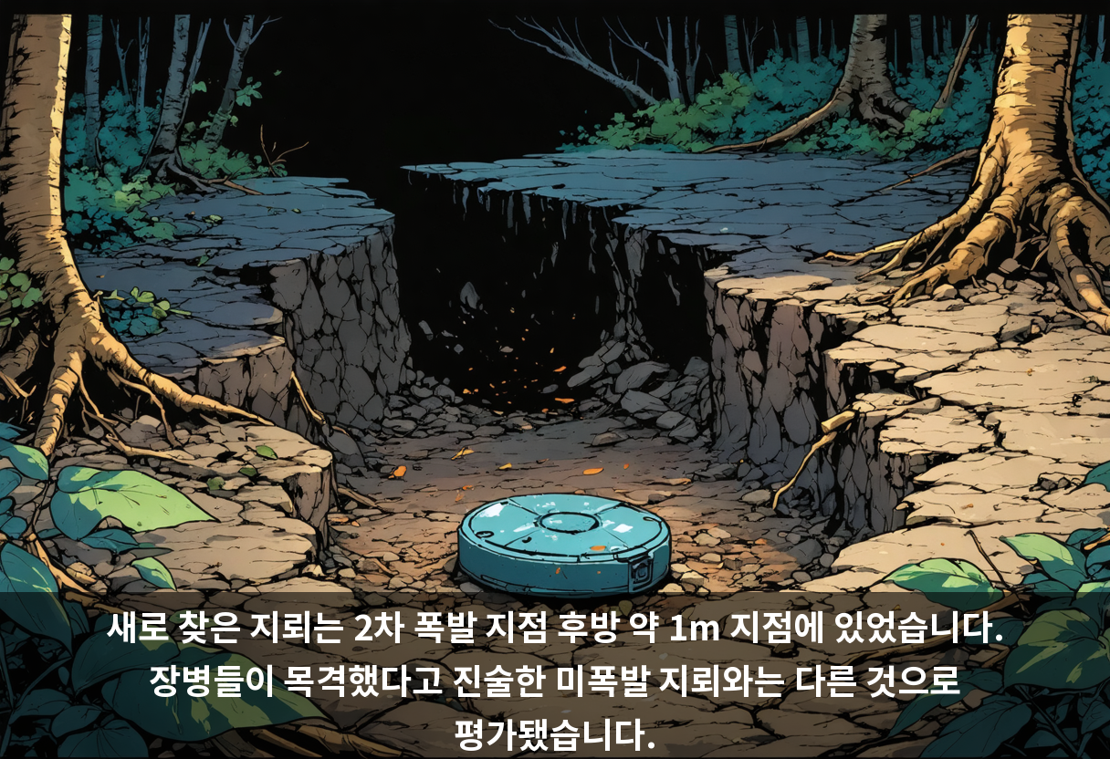 새로 찾은 지뢰는 2차 폭발 지점 후방 약 1m 지점에 있었습니다. 장병들이 목격했다고 진술한 미폭발 지뢰와는 다른 것으로 평가됐습니다.