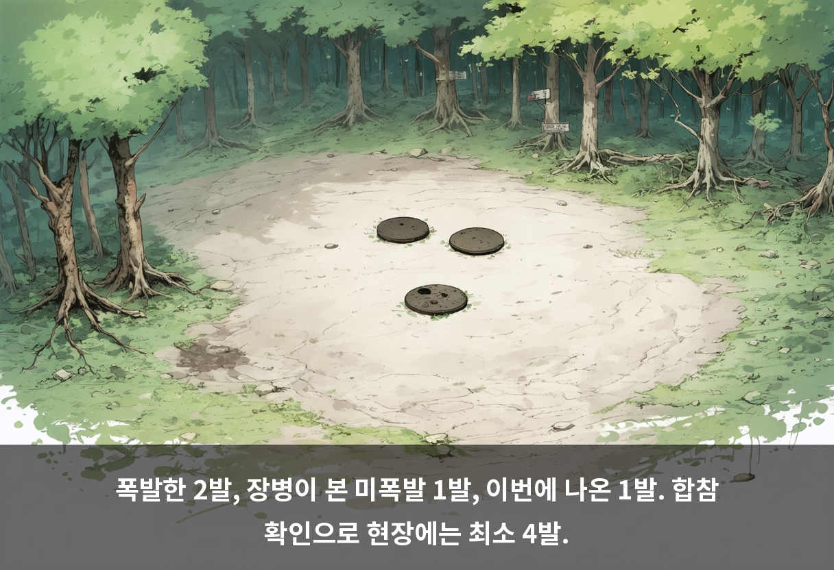폭발한 2발, 장병이 본 미폭발 1발, 이번에 나온 1발. 합참 확인으로 현장에는 최소 4발.