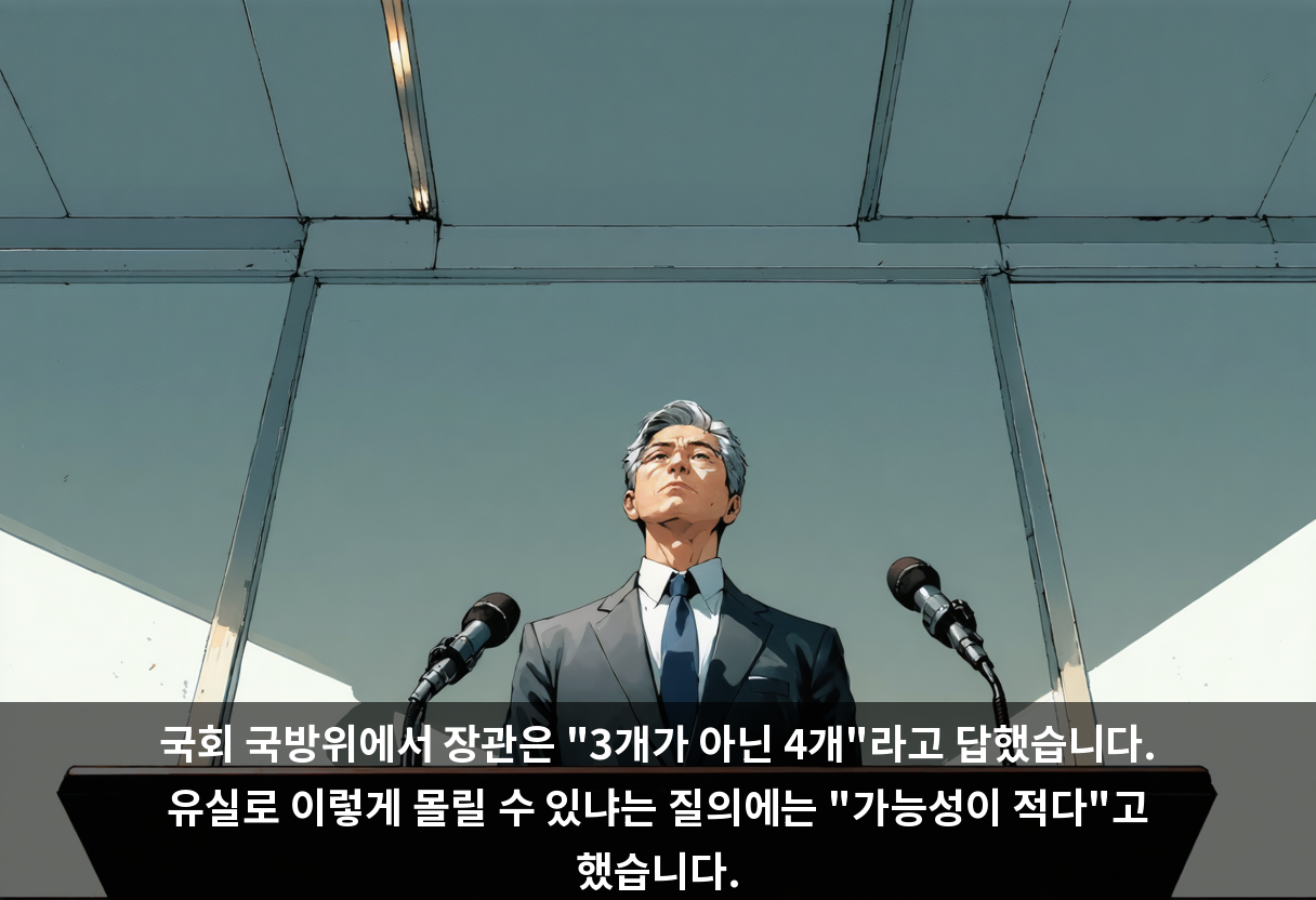 국회 국방위에서 장관은 "3개가 아닌 4개"라고 답했습니다. 유실로 이렇게 몰릴 수 있냐는 질의에는 "가능성이 적다"고 했습니다.