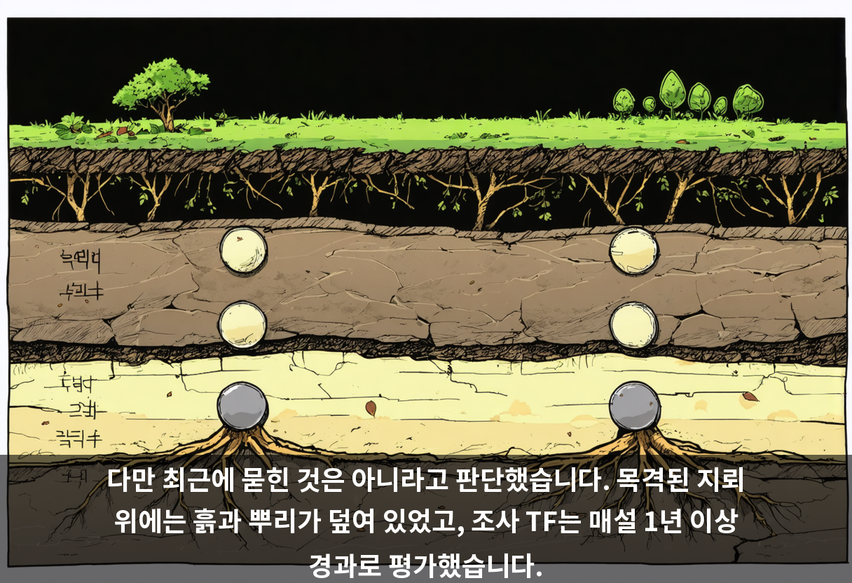 다만 최근에 묻힌 것은 아니라고 판단했습니다. 목격된 지뢰 위에는 흙과 뿌리가 덮여 있었고, 조사 TF는 매설 1년 이상 경과로 평가했습니다.