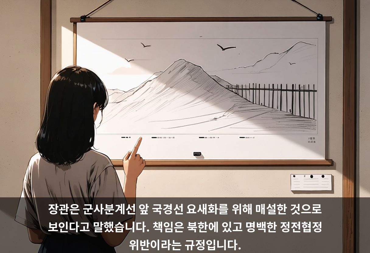 장관은 군사분계선 앞 국경선 요새화를 위해 매설한 것으로 보인다고 말했습니다. 책임은 북한에 있고 명백한 정전협정 위반이라는 규정입니다.