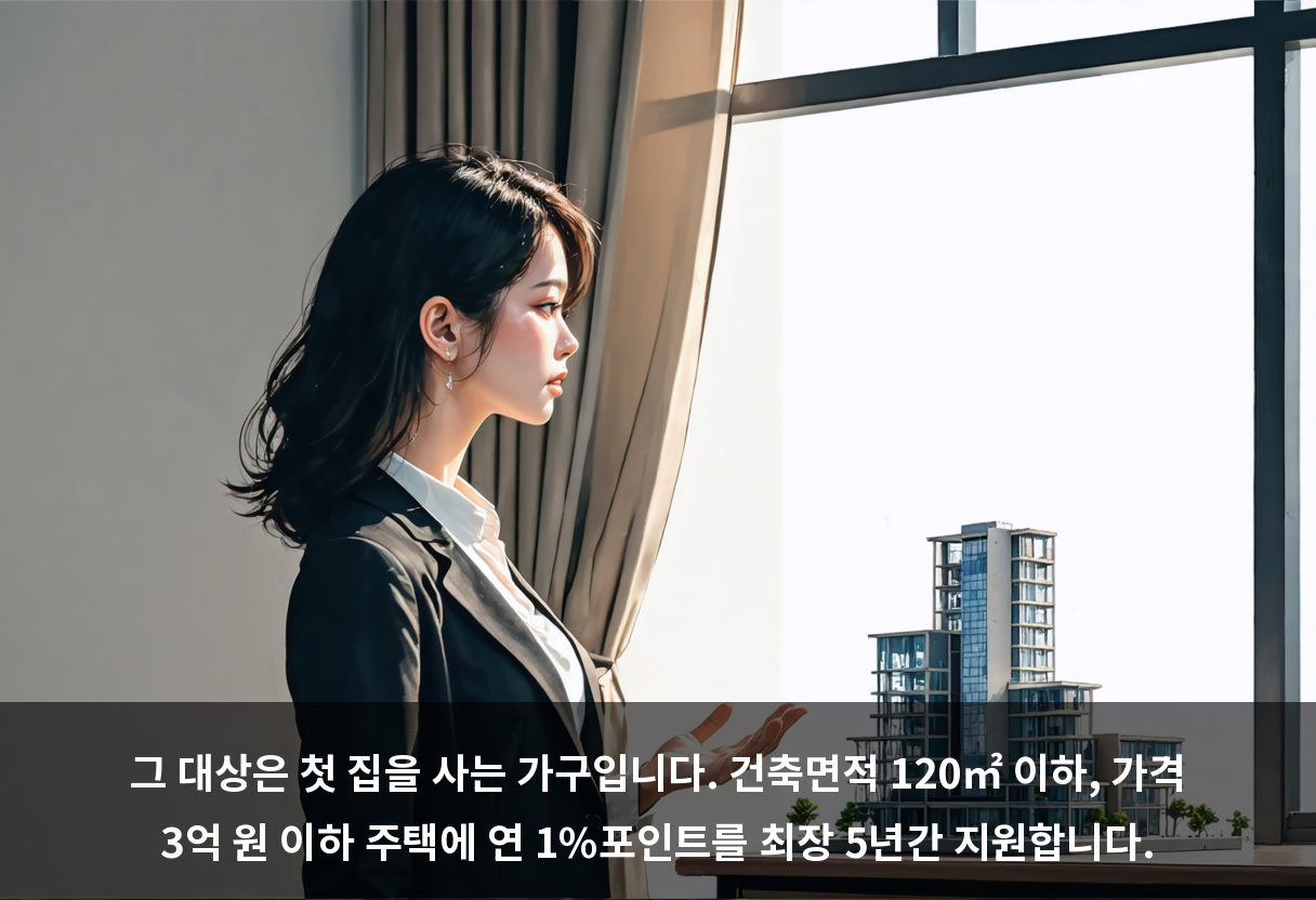 그 대상은 첫 집을 사는 가구입니다. 건축면적 120㎡ 이하, 가격 3억 원 이하 주택에 연 1%포인트를 최장 5년간 지원합니다.