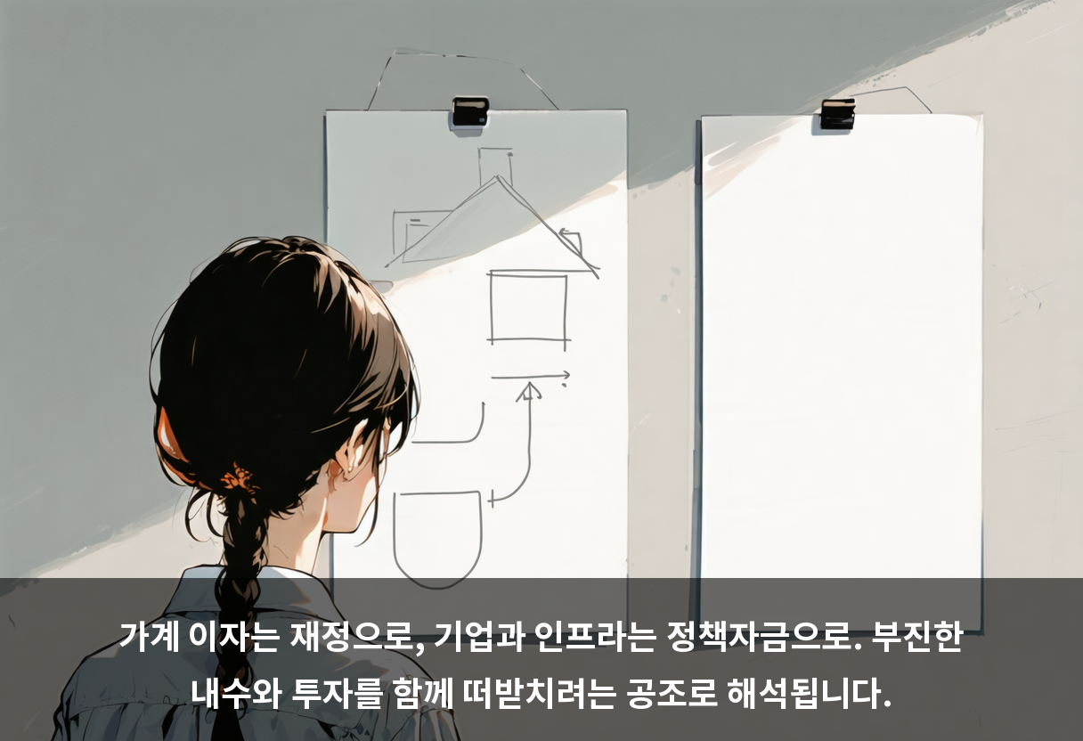가계 이자는 재정으로, 기업과 인프라는 정책자금으로. 부진한 내수와 투자를 함께 떠받치려는 공조로 해석됩니다.