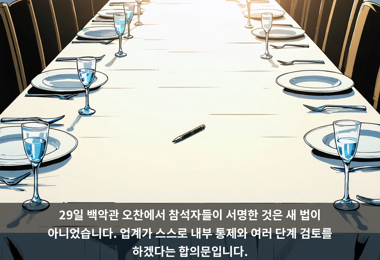 29일 백악관 오찬에서 참석자들이 서명한 것은 새 법이 아니었습니다. 업계가 스스로 내부 통제와 여러 단계 검토를 하겠다는 합의문입니다.