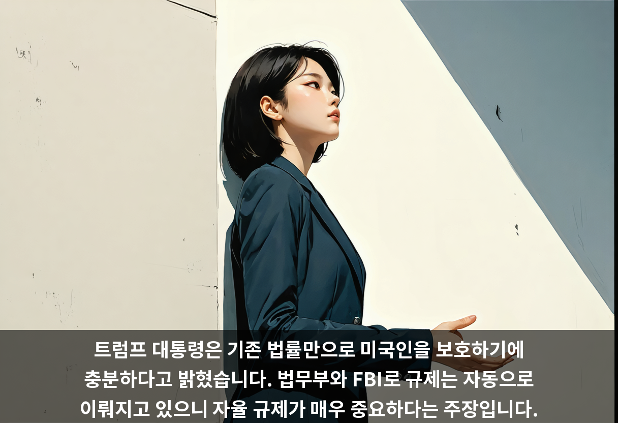 트럼프 대통령은 기존 법률만으로 미국인을 보호하기에 충분하다고 밝혔습니다. 법무부와 FBI로 규제는 자동으로 이뤄지고 있으니 자율 규제가 매우 중요하다는 주장입니다.
