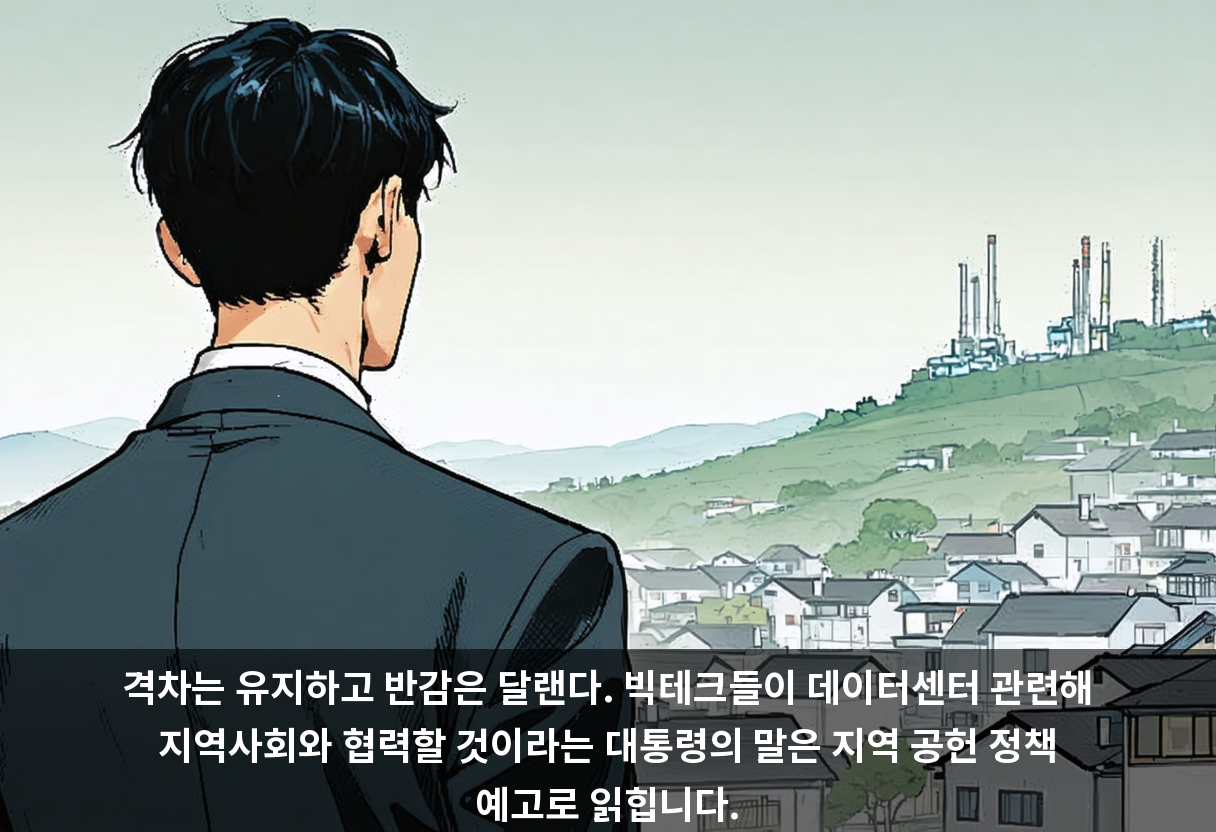 격차는 유지하고 반감은 달랜다. 빅테크들이 데이터센터 관련해 지역사회와 협력할 것이라는 대통령의 말은 지역 공헌 정책 예고로 읽힙니다.