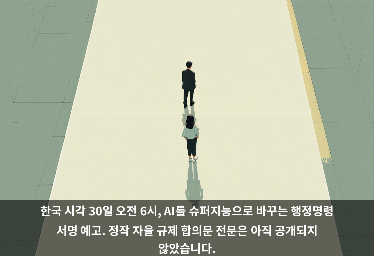 한국 시각 30일 오전 6시, AI를 슈퍼지능으로 바꾸는 행정명령 서명 예고. 정작 자율 규제 합의문 전문은 아직 공개되지 않았습니다.
