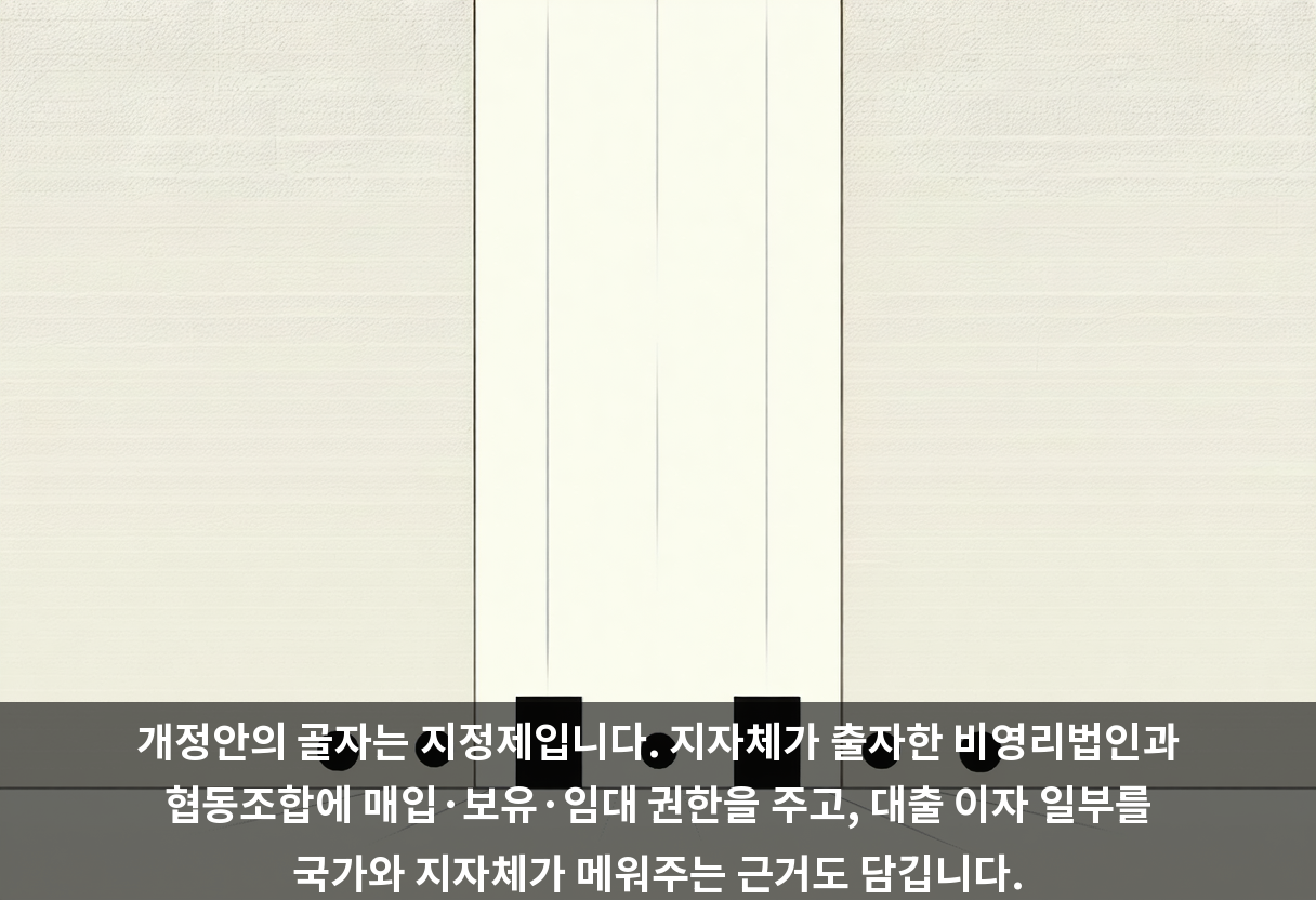 개정안의 골자는 지정제입니다. 지자체가 출자한 비영리법인과 협동조합에 매입·보유·임대 권한을 주고, 대출 이자 일부를 국가와 지자체가 메워주는 근거도 담깁니다.