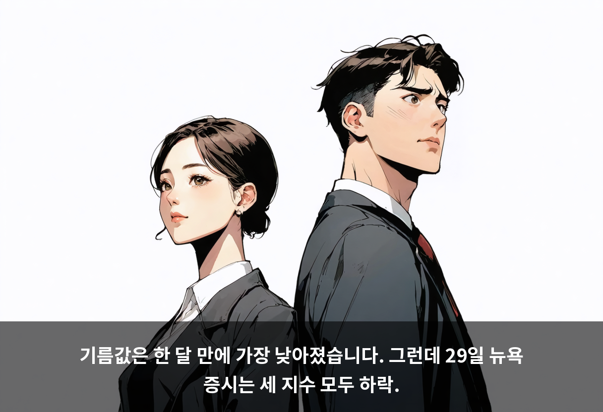 기름값은 한 달 만에 가장 낮아졌습니다. 그런데 29일 뉴욕 증시는 세 지수 모두 하락.