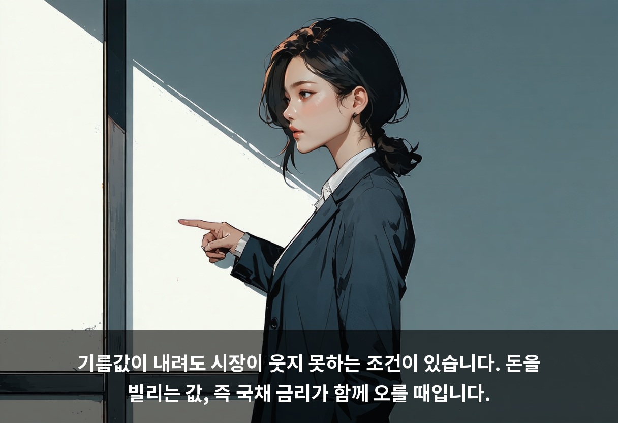 기름값이 내려도 시장이 웃지 못하는 조건이 있습니다. 돈을 빌리는 값, 즉 국채 금리가 함께 오를 때입니다.