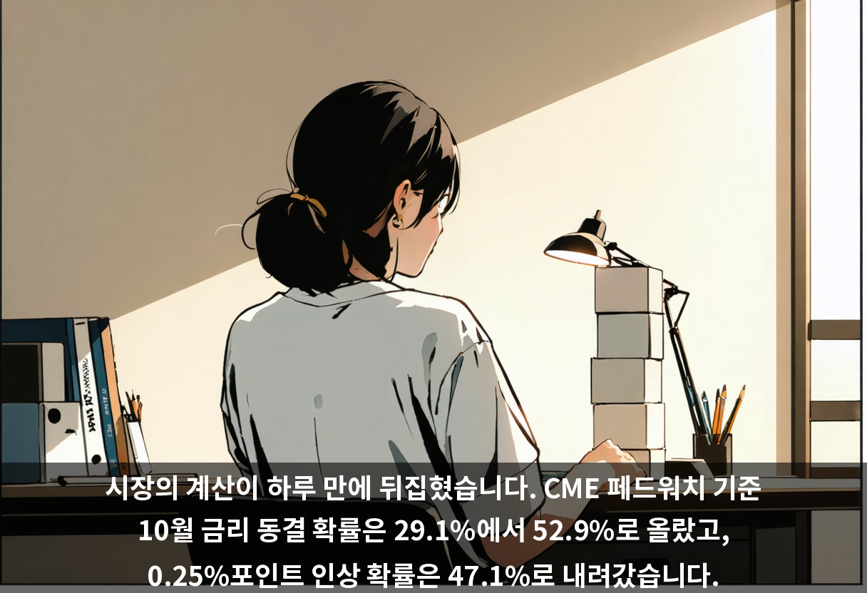 시장의 계산이 하루 만에 뒤집혔습니다. CME 페드워치 기준 10월 금리 동결 확률은 29.1%에서 52.9%로 올랐고, 0.25%포인트 인상 확률은 47.1%로 내려갔습니다.