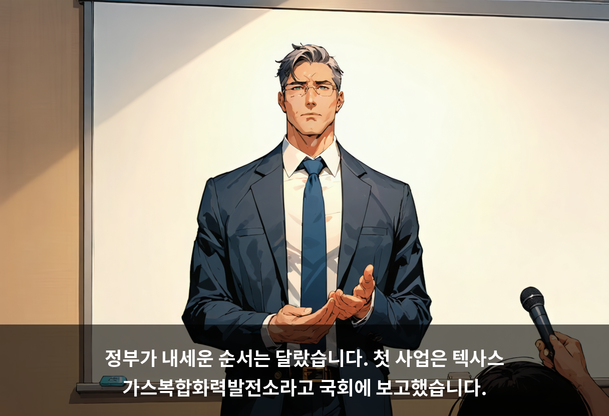 정부가 내세운 순서는 달랐습니다. 첫 사업은 텍사스 가스복합화력발전소라고 국회에 보고했습니다.