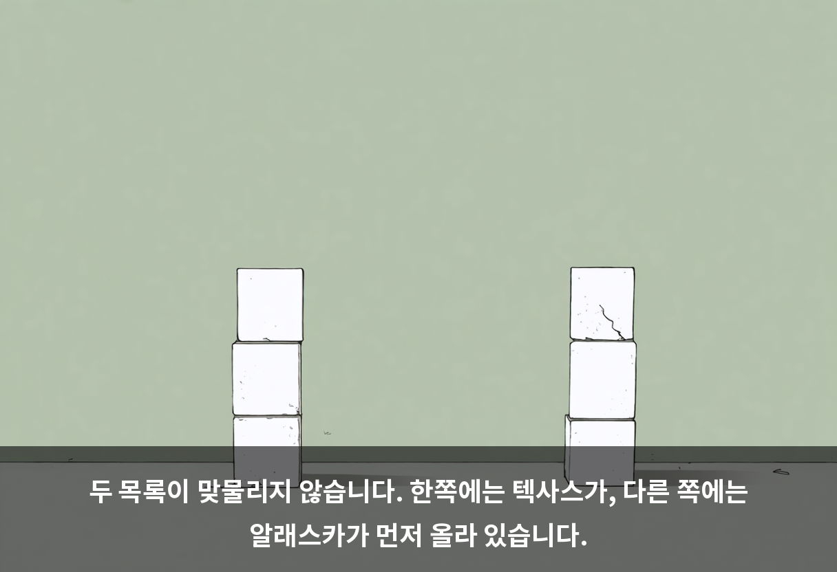 두 목록이 맞물리지 않습니다. 한쪽에는 텍사스가, 다른 쪽에는 알래스카가 먼저 올라 있습니다.