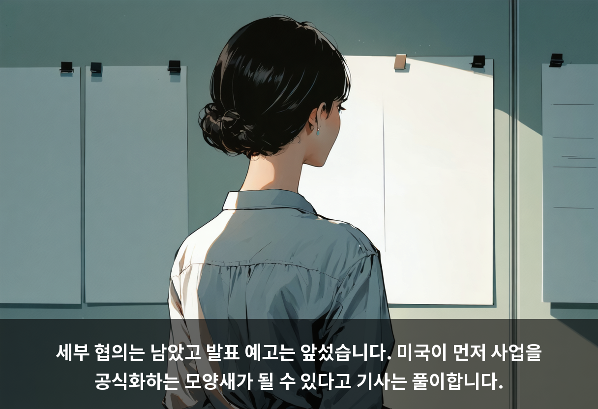 세부 협의는 남았고 발표 예고는 앞섰습니다. 미국이 먼저 사업을 공식화하는 모양새가 될 수 있다고 기사는 풀이합니다.