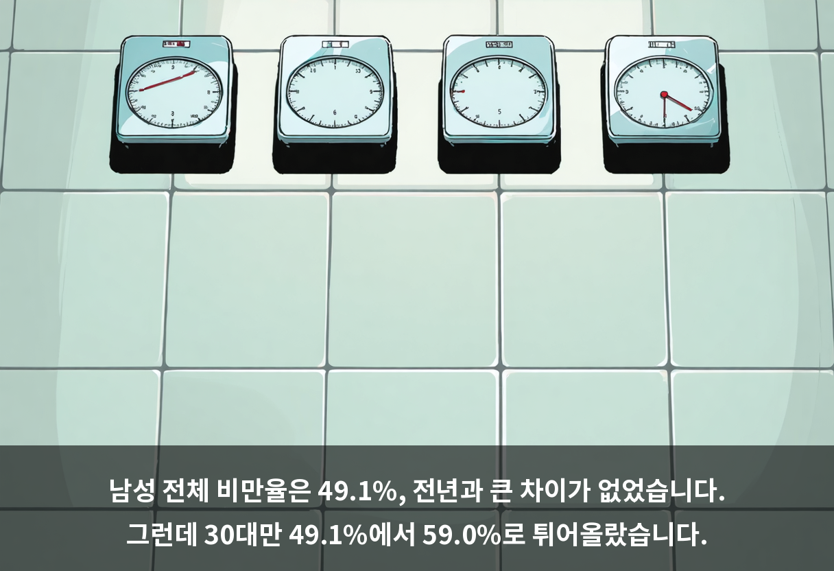 남성 전체 비만율은 49.1%, 전년과 큰 차이가 없었습니다. 그런데 30대만 49.1%에서 59.0%로 튀어올랐습니다.