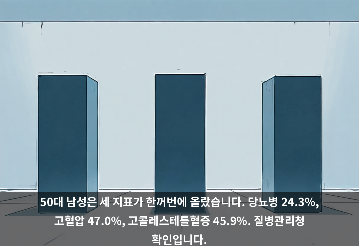 50대 남성은 세 지표가 한꺼번에 올랐습니다. 당뇨병 24.3%, 고혈압 47.0%, 고콜레스테롤혈증 45.9%. 질병관리청 확인입니다.