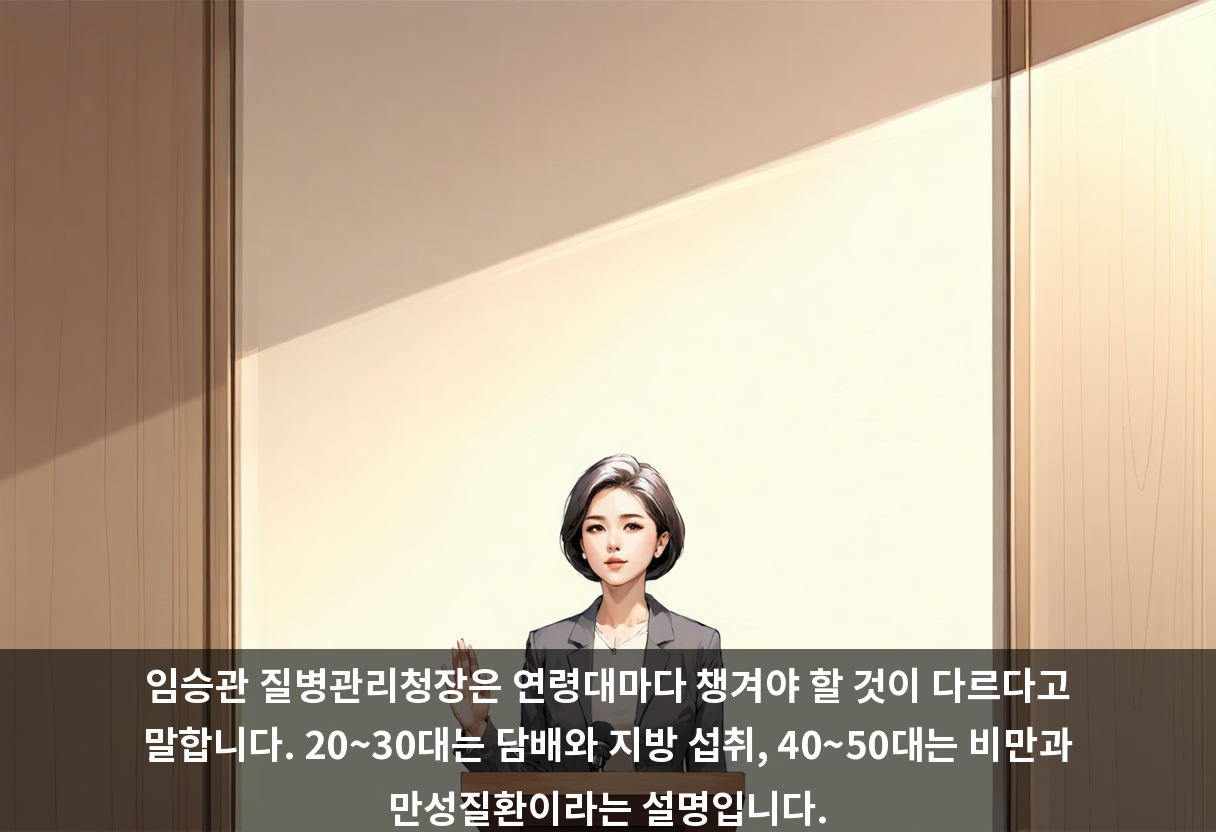 임승관 질병관리청장은 연령대마다 챙겨야 할 것이 다르다고 말합니다. 20~30대는 담배와 지방 섭취, 40~50대는 비만과 만성질환이라는 설명입니다.