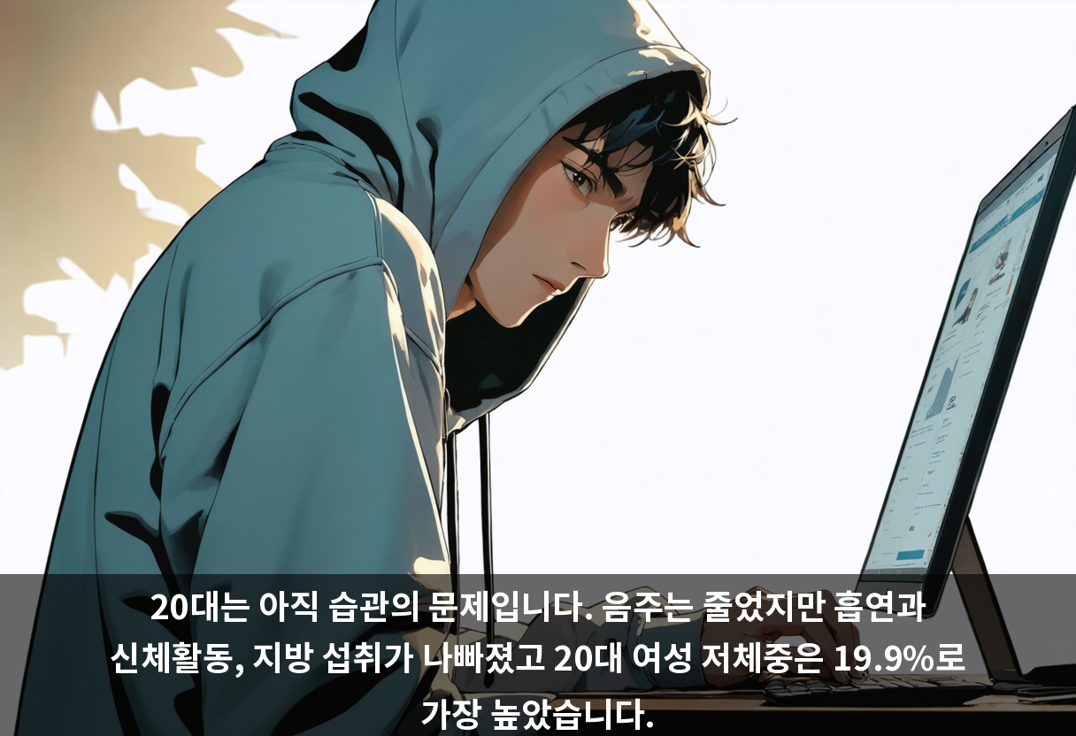 20대는 아직 습관의 문제입니다. 음주는 줄었지만 흡연과 신체활동, 지방 섭취가 나빠졌고 20대 여성 저체중은 19.9%로 가장 높았습니다.