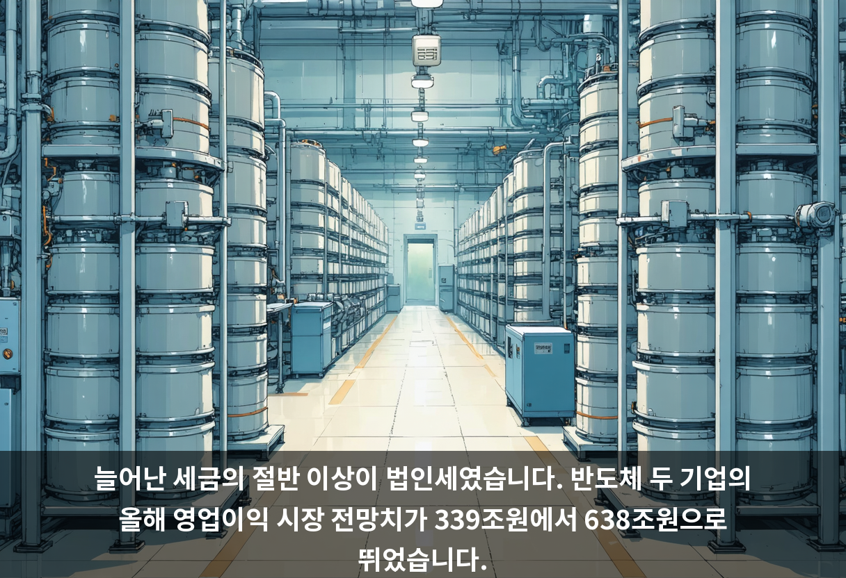 늘어난 세금의 절반 이상이 법인세였습니다. 반도체 두 기업의 올해 영업이익 시장 전망치가 339조원에서 638조원으로 뛰었습니다.