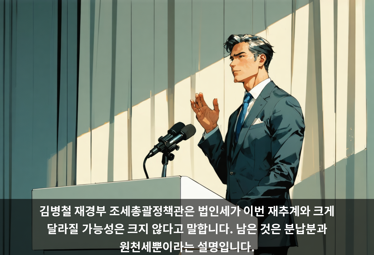 김병철 재경부 조세총괄정책관은 법인세가 이번 재추계와 크게 달라질 가능성은 크지 않다고 말합니다. 남은 것은 분납분과 원천세뿐이라는 설명입니다.