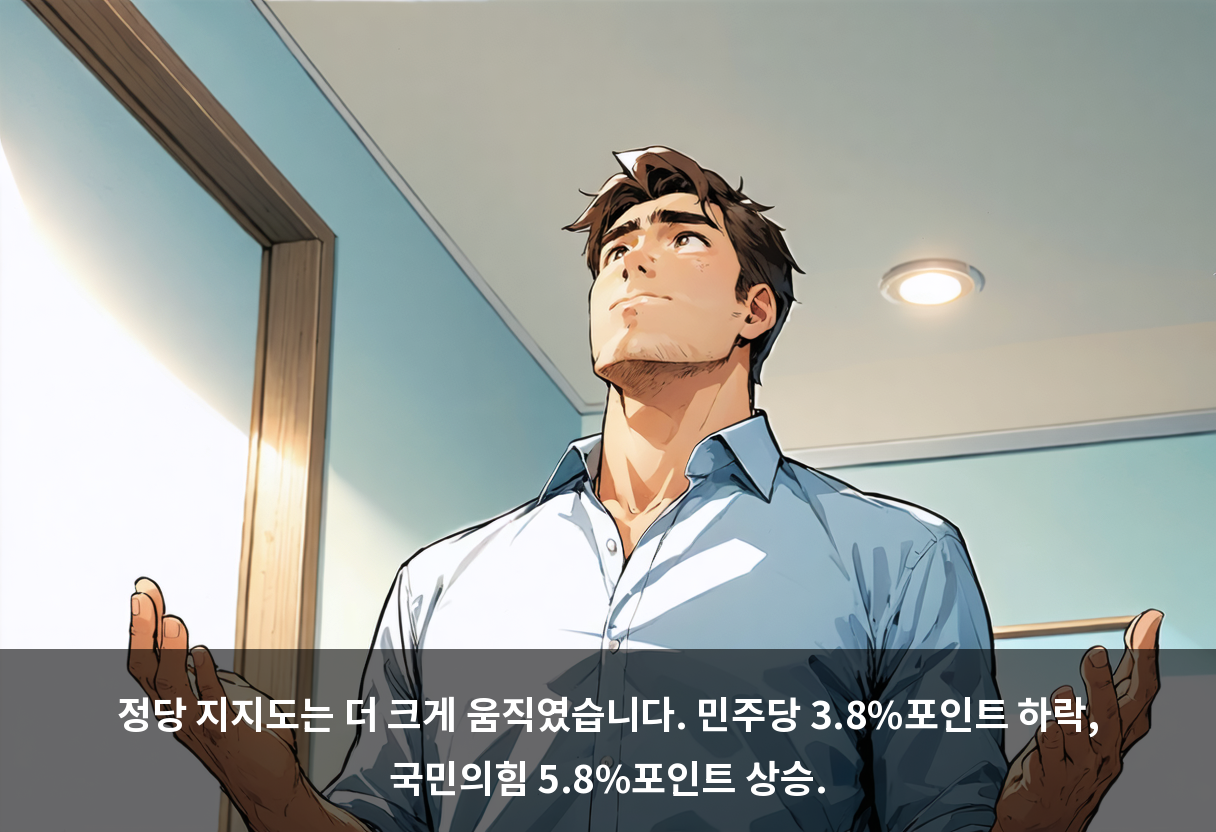 정당 지지도는 더 크게 움직였습니다. 민주당 3.8%포인트 하락, 국민의힘 5.8%포인트 상승.