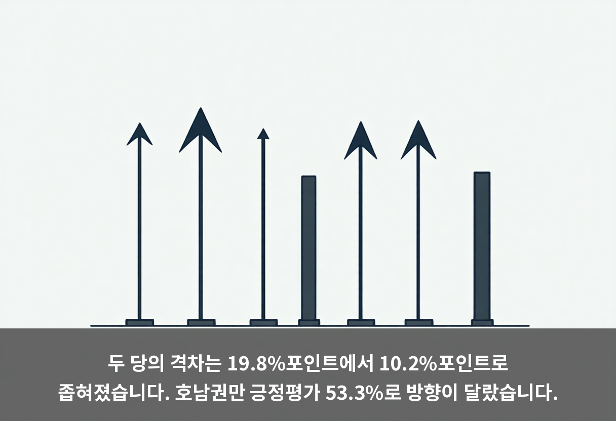 두 당의 격차는 19.8%포인트에서 10.2%포인트로 좁혀졌습니다. 호남권만 긍정평가 53.3%로 방향이 달랐습니다.