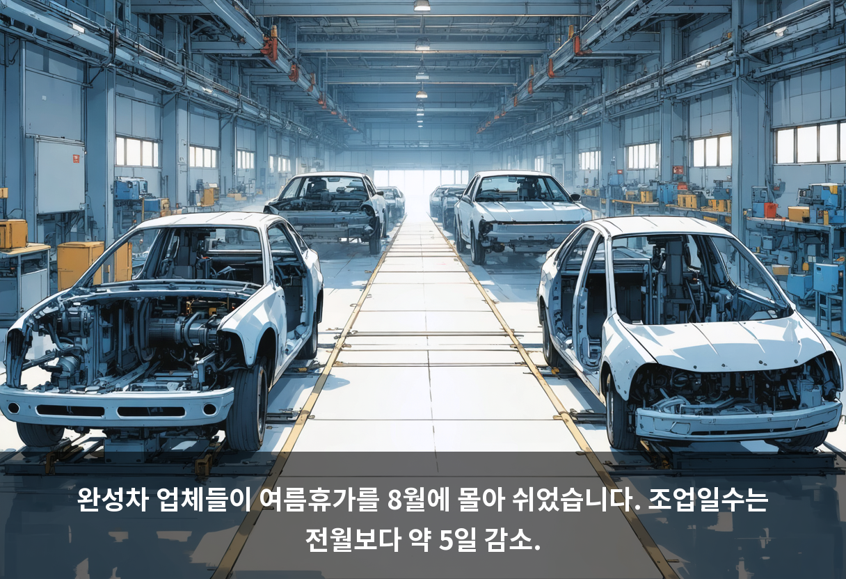 완성차 업체들이 여름휴가를 8월에 몰아 쉬었습니다. 조업일수는 전월보다 약 5일 감소.