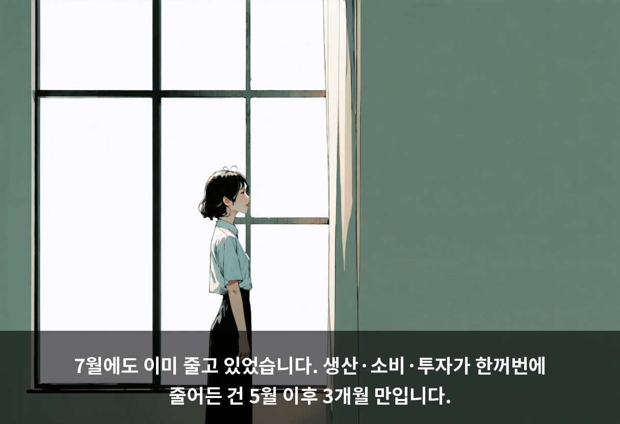 7월에도 이미 줄고 있었습니다. 생산·소비·투자가 한꺼번에 줄어든 건 5월 이후 3개월 만입니다.