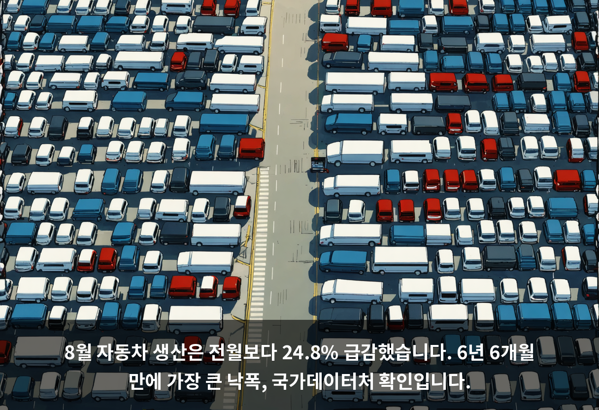 8월 자동차 생산은 전월보다 24.8% 급감했습니다. 6년 6개월 만에 가장 큰 낙폭, 국가데이터처 확인입니다.