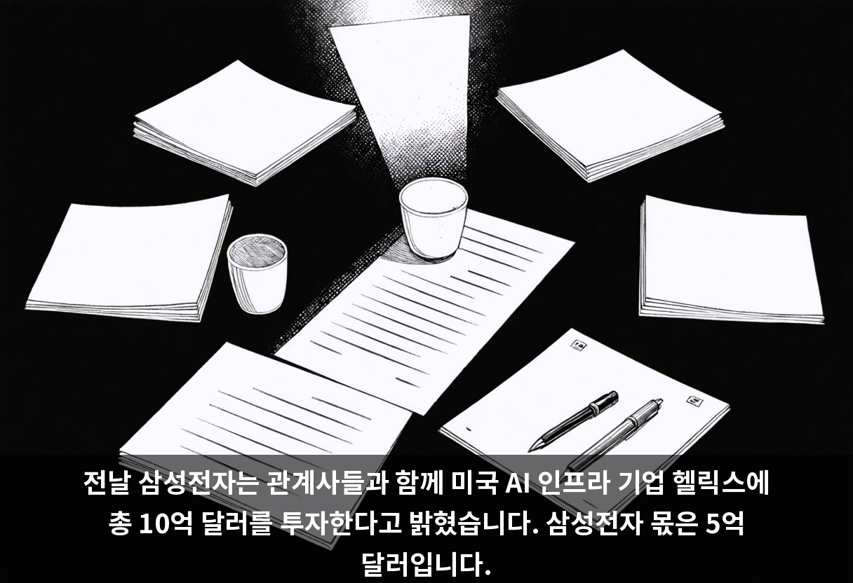 전날 삼성전자는 관계사들과 함께 미국 AI 인프라 기업 헬릭스에 총 10억 달러를 투자한다고 밝혔습니다. 삼성전자 몫은 5억 달러입니다.